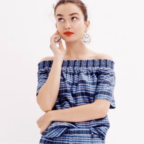 J. Crew Blue, Pink, and White Plaid Off Shoulder Silk Blouse Size 00 / XXS - Picture 2 of 9